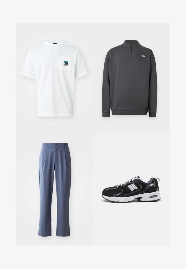 Tumehall pikkade varrukatega pullover, neljandiku lukuga kraega ja väikese valge The North Face logoga vasakul rinnal.; Valge puuvillane T-särk lühikeste varrukatega, millel on rinna tasku, kus on värviline graafika mägedest ja tekst "THE NORTH FACE."; Tumedad sinised püksid voldikutega, sirge lõikega, valmistatud kerge kangaga, esise sulgemisega ühel nööbil ja taljeaasadega.; Must värvi ja hallid spordijalatsid, mille ülemine osa on valmistatud võrgust ja nahast, valge vaheosaga, paeltega ja küljel julge "N" logo.