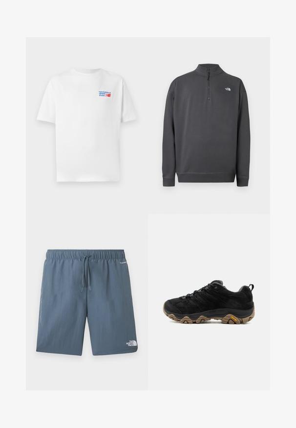 Tumehall pikkade varrukatega pullover, neljandiku lukuga kraega ja väikese valge The North Face logoga vasakul rinnal.; Valge puuvillane T-särk lühikeste varrukatega, vasakul rinnal on sinine ja punane logo. Klassikaline kaelus, mugav lõige, sile tekstuur.; Sinised elastse vöökohaga lühikesed püksid paelaga, vasaku jala peal The North Face'i logo ja parema tasku lähedal kiri "FLASHDRY".; Mustad matkasaapad, millel on robustne pruun Vibrami talla, võrgust ja seemisnahast pealmine osa, paeltega kinnituv disain ja tagumine tõmmits, näidatud välisküljelt.