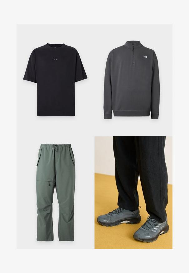 Donkergrijze trui met lange mouwen, kwart ritssluiting en klein wit The North Face-logo op de linkerborst.; Oakley RISE TEE - T-shirt basic - blackout; Groene, lichte broeken met een elastische tailleband, trekkoord en meerdere zakken. Gladde textuur met een ontspannen, losse pasvorm.; Grijze net- en synthetische sportschoenen met een opvallend profiel, reflecterende accenten en een vetersluiting, gecombineerd met losse zwarte broek.