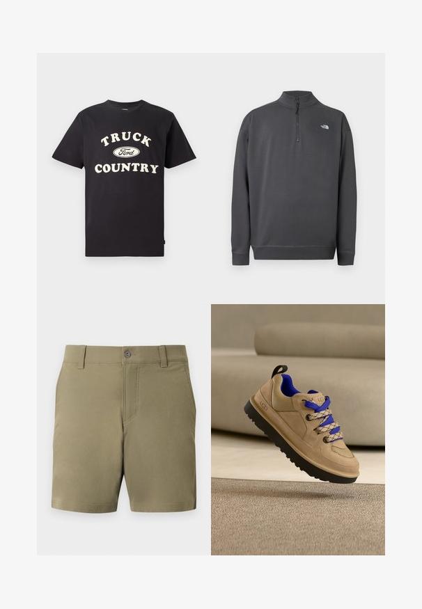 Tumehall pikkade varrukatega pullover, neljandiku lukuga kraega ja väikese valge The North Face logoga vasakul rinnal.; Mustast puuvillane T-särk lühikeste varrukatega, mille esiosal on kreemivärvi tekst "TRUCK COUNTRY" ja Fordi logo.; Khaki värvi chino lühikesed püksid vööaasade, esikinnise ja küljetaskutega ühevärvsel heledal taustal.; Beezh UGG toss koos musta tallaga ja sinise sisemusega, millel on kahetroonilised sinise ja beeži paelad, hõljumas tekstuurse beeži vaiba kohal.