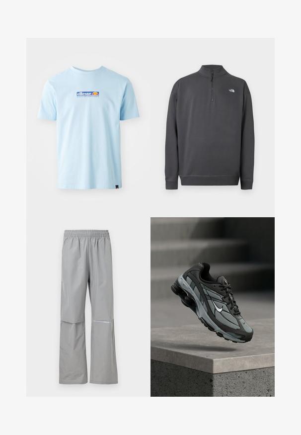Dunkelgrauer Langarm-Pullover mit Viertel-Reißverschluss am Kragen und kleinem weißen The North Face Logo auf der linken Brust.; Helles blaues Baumwoll-T-Shirt mit kurzen Ärmeln und Rundhalsausschnitt. Verfügt über ein mehrfarbiges Logo auf der Vorderseite und ein kleines Akzent-Tag am Saum.; Hellgraue wasserdichte Regenhose mit elastischem Bund und reflektierendem Streifen am rechten Bein, für den Außeneinsatz konzipiert.; Grauer und schwarzer Sportschuh mit Netzpaneelen und dicker Sohle, schwebend in der Luft über einer Betonmauer mit Treppen im Hintergrund.