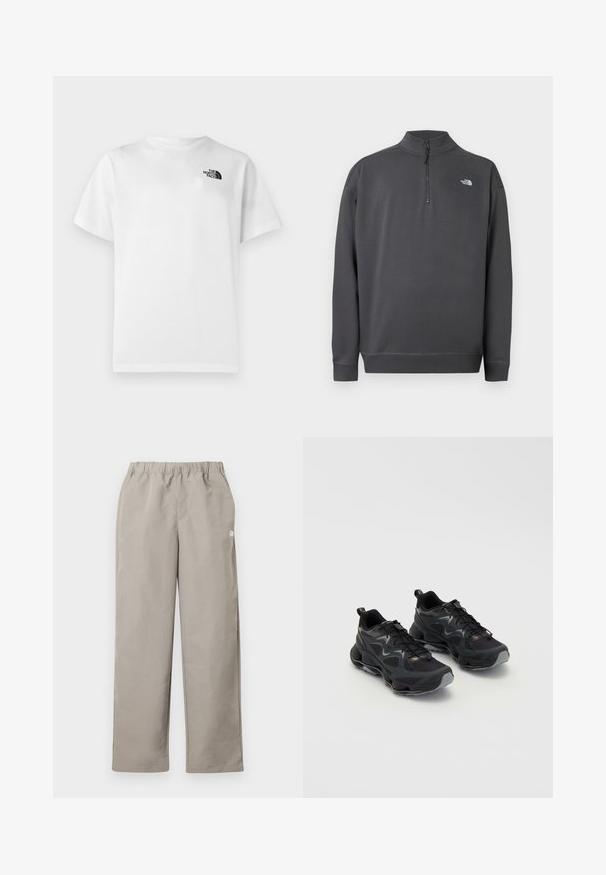Dark gray long-sleeve pullover with quarter zip collar and small white The North Face logo on the left chest.; White cotton t-shirt with short sleeves and a crew neckline. Features a small black logo on the upper left side. Smooth texture.; Beige straight-leg pants with an elastic waistband and a small white logo on the right side seam.; Black athletic shoes with a textured mesh upper, featuring a chunky sole, lace-up closure, and subtle gray accents.