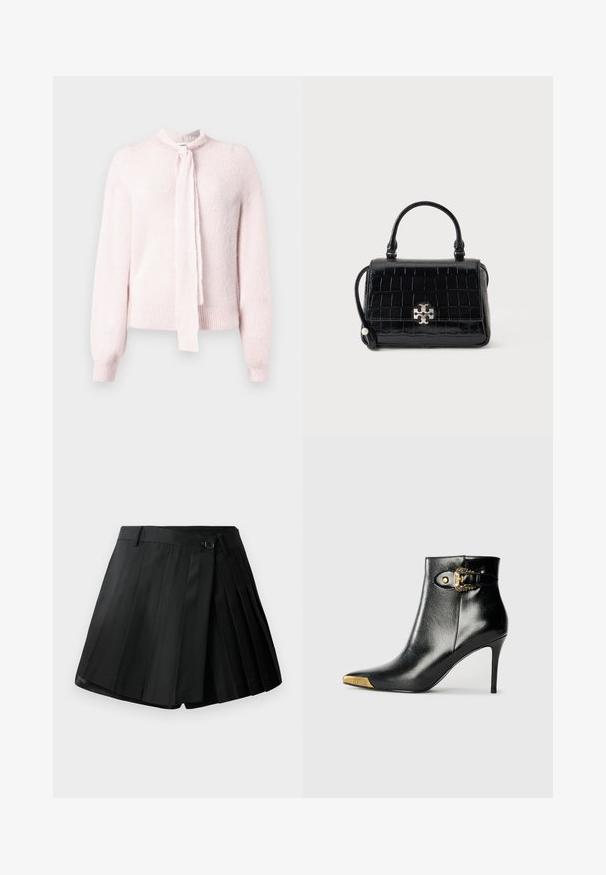 Pull rose clair avec un col montant, manches longues et un nœud à l'encolure. Texture douce avec des poignets et un ourlet côtelés.; Shorts plissés noirs avec un devant plat, fermeture à bouton et tissu léger. Détails avec des plis marqués et un ourlet net.; Bottine noire en cuir brillant, avec un bout pointu, un talon aiguille, et des accessoires dorés ornés d'une boucle décorative.; Sac à main noir à texture crocodile avec poignée supérieure et fermoir argenté, posé contre un fond clair uni.