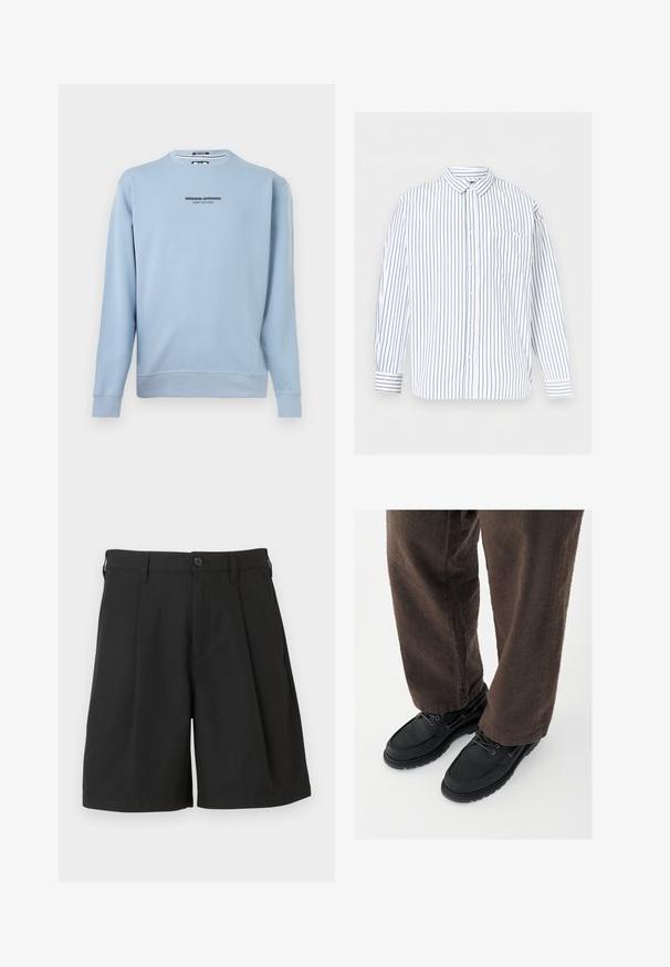 Sweat-shirt à manches longues bleu clair avec l'inscription "WEEKEND OFFENDER ADMIT NOTHING" imprimée en noir au centre de la poitrine.; Chemise blanche à manches longues avec des rayures verticales bleues et une poche poitrine, présentée sur un fond gris clair uni.; Shorts noirs en tissu lisse, avec une coupe structurée, des plis à l'avant et une fermeture par un bouton unique à la taille.; Chaussures en cuir noir avec une finition lisse, bout arrondi et design à lacets, associées à un pantalon marron texturé. Vue en contre-plongée.
