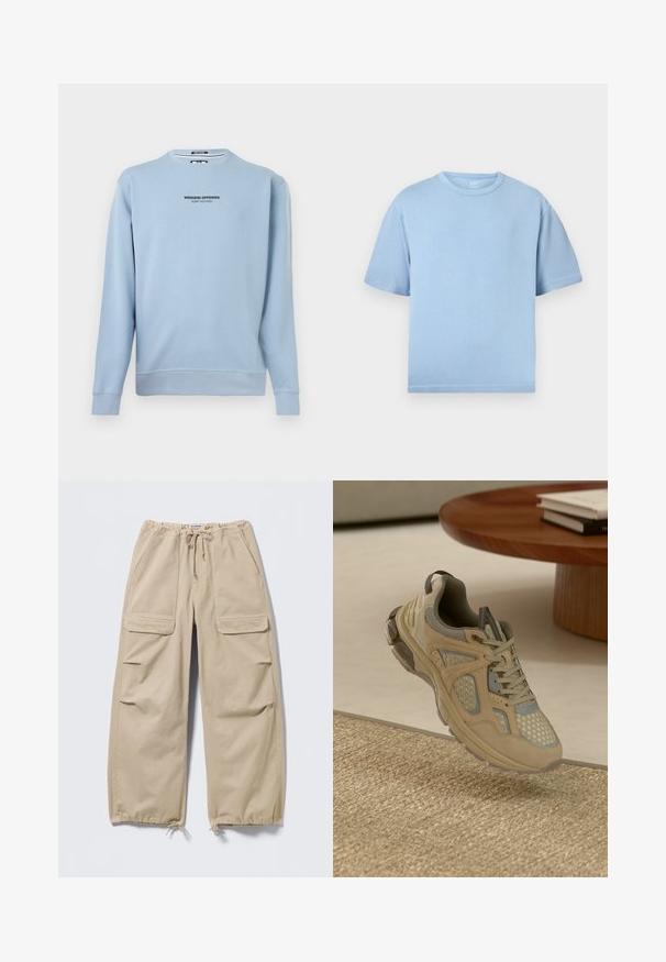 Lyseblå langærmet sweatshirt med teksten "WEEKEND OFFENDER ADMIT NOTHING" trykt i sort på midten af brystet.; Lyseblå T-shirt med korte ærmer og rund hals, løstsiddende, vist på en ensfarvet hvid baggrund.; Beige cargobukser med vide ben, snoretræk i talje og ved benslutterne, klaplommer på lårene og sidelommer med slidser.; Beige og grå atletiske sneakers med mesh- og ruskindsdetaljer, svævende over et vævet tæppe ved siden af et trækaffebord med bøger.