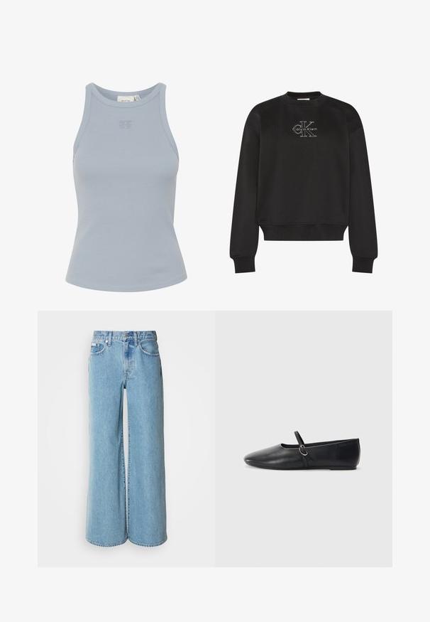 Must pikkade varrukatega ümmarguse kaelusega dressipluus, millel on valge Calvin Kleini "CK" logo rindkere keskel, soonikud varrukate mansettidel ja alläär.; Hea sinine ilma varrukateta ribakujuline tank top, millel on ümmargune dekoltee ja väike logo tikand keskel. Sile tekstuur, tihe siluett.; Heledad sinised laiad teksad, mis on valmistatud denimist, kõrgendatud taljega, viie tasku disainiga ja kerge pleekimisega kangal.; Mustadest nahast balletitaldud, millel on terav nina, lame tald ja väike rihm koos hõbedase detailiga.