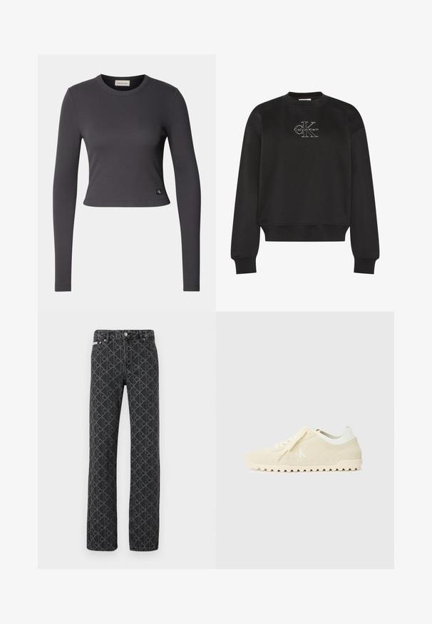 Sort langærmet crewneck-sweatshirt med hvidt Calvin Klein "CK"-logo centreret på brystet, ribstrikkede manchetter og kant.; Langærmet, cropped top i mørkegrå ribbet stof med en rund halsudskæring og et lille logo patch nederst. Glat tekstur, tætsiddende design.; Sorte denimjeans med et diskret logo-mønster over det hele. Straight-leg design med fem-lomme styling og lukning med metal knap.; Beige ruskinds sneakers med hvide detaljer, tekstureret sål og et logo på siden. Har flade snørebånd og et klassisk, lavprofileret design.
