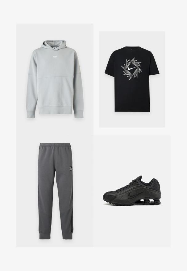 Helehall Nike dressipluus eest logoga, pikkade varrukate ja kapuutsiga, esitatud ühevärvilise valge taustaga.; Must lühikeste varrukatega T-särk, mille keskel on valge Nike kõverjoon, ümbritsetud dünaamilise tippudega ringikujulise disainiga.; Hallid hallid dressipüksid, mis on valmistatud pehmest kangast, elastse vöökoha, kitsenevate jalgade, külgpaneelide ja ümmarguse logo plaastri abil.; Mustad mustat jooksujalad, millel on sile sünteetiline ülemus, perforatsioonid, tekstureeritud külgpaneelid ja eristuv elastne tall.