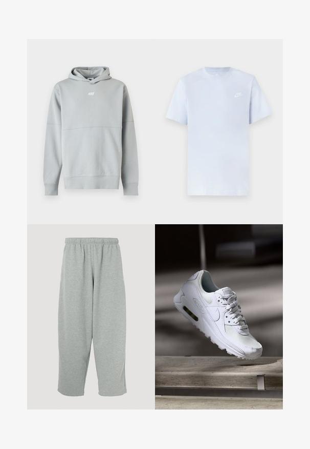 Svetlosivá mikina Nike s kapucňou, predným logom a dlhými rukávmi, zobrazená na bielom pozadí.; Svetlomodré bavlnené tričko s krátkymi rukávmi, okrúhlym výstrihom a bielym logom Nike potlačeným na ľavej hrudi. Hladká textúra, jednoduchý dizajn.; Svetlosivé tepláky s elastickým pásom, zúženým strihom nohavíc a mäkkou textúrou. Bez viditeľného loga alebo vzorov.; Biele tenisky Nike Air Max 90 s vrchnou časťou z kože a sieťoviny, perforovanou špičkou a viditeľnou vzduchovou jednotkou v päte.