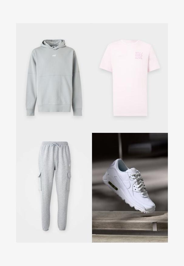 Lysegrå Nike hoodie med frontlogo, lange ærmer og hætte, vist mod en ensfarvet hvid baggrund.; Lyserød t-shirt med korte ærmer og rund halsudskæring samt falmet gotisk "WKE" tekst på øverste venstre bryst.; Grå sweatpants lavet af blødt stof, med en elastisk talje med snor, to sidelommer og tapered manchetter.; Hvide lædersneakers med teksturerede overflader, polstret krave og synlig luftpolstring i sålen. Har snørrebånd og et minimalistisk design.