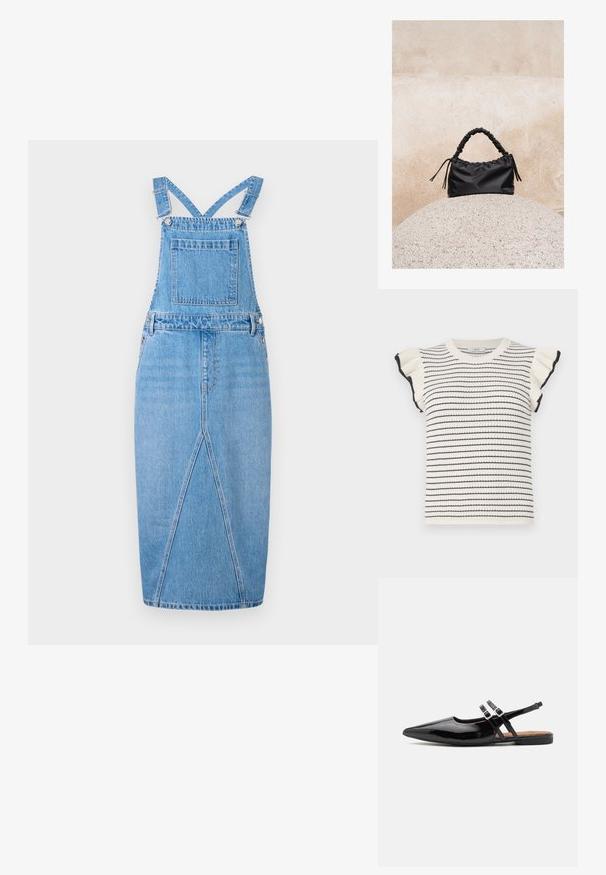 Gestreepte trui in crème met zwarte strepen, met korte, rimpelige mouwen en een geribbelde ronde hals. Zachte textuur en slim-fit ontwerp.; Lichtblauwe denim tuinbroekjurk met verstelbare schouderbanden, een voorzak, een rechte rok met een subtiele split en een gladde textuur.; Zwarte gepatineerde leren slingback schoenen hebben een spitse neus, twee banden met gespsieraden en een platte zool.; Zwarte gerimpelde handtas met een samengevoegde handvat, rustend op een gestructureerde stenen bol tegen een beige betonnen muur.