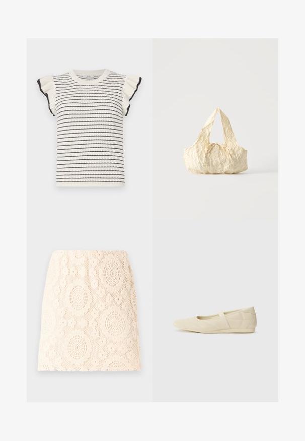 Strikket trøje i creme med sorte striber, med korte flæseærmer og en ribbet rund halsudskæring. Blød tekstur og tætsiddende design.; Blonde nederdel i creme med blomstermønster. Har komplekse ovale udsnit og en tætsiddende silhuet. Den teksturerede stof tilføjer et delikat udseende.; Lysebrune ballet flats med en glat læderoverflade, mandelformet tå og elastisk rem over vristen, med diskrete syninger.; Håndtaske i cremefarvet tekstureret stof med top-håndtag og en lille bundet sløjfe-detalje midt foran.