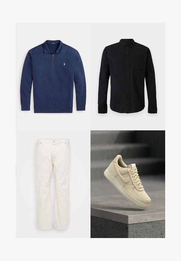 Marineblauer Langarmpullover mit einem Viertelreißverschluss und kleinem weißem Polo-Spieler-Logo auf der linken Brust.; Schwarzes langärmeliges Hemd mit Knopfleiste, geknöpftem Kragen und einer Brusttasche vor hellem einfarbigem Hintergrund.; Weiße Denim-Jeans mit geradem Schnitt, ausgestattet mit einem Knopfverschluss, Gürtelschlaufen und zwei Seitentaschen. Glatte Textur, minimale Details.; Beiger Nike Air Force 1 Sneaker schwebt über einer grauen Betonplatte mit unscharfem Treppenhintergrund.
