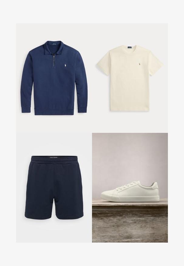 Marineblauer Langarmpullover mit einem Viertelreißverschluss und kleinem weißem Polo-Spieler-Logo auf der linken Brust.; Cremefarbenes Polo Ralph Lauren T-Shirt mit kurzen Ärmeln, Rundhalsausschnitt und kleinem besticktem Logo auf der linken Brust.; Marineblaue Baumwollshorts mit einem elastischen Bund, ausgestattet mit einer glatten Textur und genähten Säumen. Kleines Markenlogo an der Seite.; Weiße Schnürsneaker, die über einer Holzbank mit grünem Laub im Hintergrund schweben und das Schuhdesign sowie die Textur zeigen.