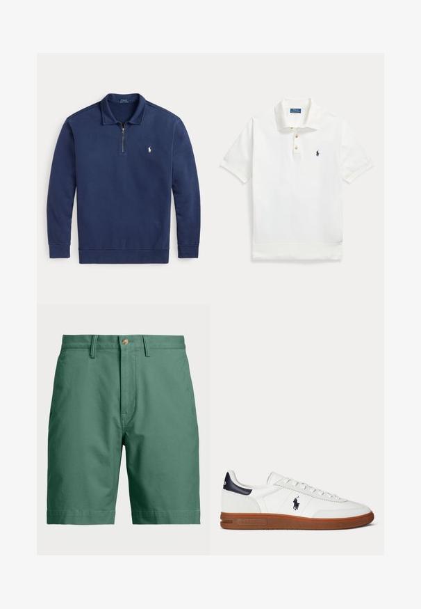 Tumesinine pika varrukaga pullover, neljandiku tõmblukuga ja väikese valge polo mängija logoga vasakul rinnal.; Valge lühikeste varrukatega polosärk, krae, kolm nööpi ja väike tumesinine tikitud logo vasakul rinnal.; Roheline puuvillane šorts, millel on nööbi kinnitamine ja vööloopide jaoks augud. Lihtne disain sirge lõikega, ilma nähtavate mustrite või rõhutusteta.; Valge madala säärega toss pruuni tallaga, musta kandutükiga, polo mängija tikandiga logoga ja valgete nööridega.