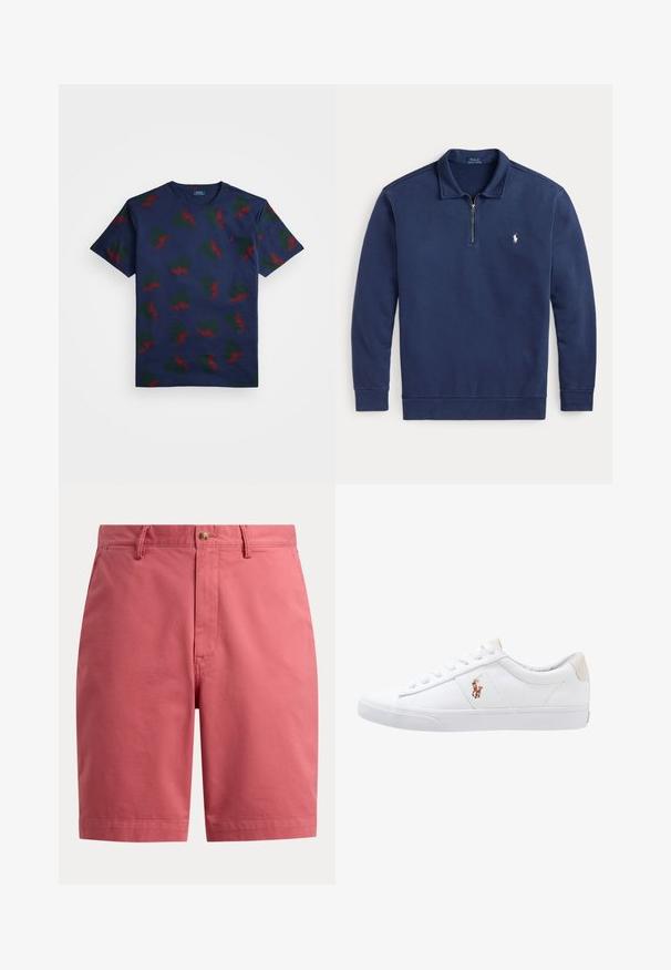 Tumesinine pika varrukaga pullover, neljandiku tõmblukuga ja väikese valge polo mängija logoga vasakul rinnal.; Tumesinine puuvillane t-särk, millel on korduv mustri punaste ja roheliste tiibadega kujundid. Omab ümarat kaela ja lühikesi varrukaid.; Meeste korallroosad põlveni püksid, millel on nööpidega sulgemine, vööaasad ja esimesed küljetaskud, valgel taustal esitatud.; Valge kanvasest tennis, madala lõikega disain, millel on beež kontsapink ja väike tikitud logo küljel. Kummi välissole.