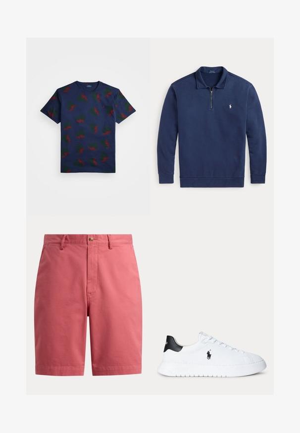Marineblå langærmet pullover med kvart lynlås og lille hvid polo-spillerlogo på venstre bryst.; Marineblå bomulds t-shirt med et gentaget mønster af røde og grønne vinge-designs. Har rund hals og korte ærmer.; Herre koral-lyserøde knælange shorts med knaplukning, bæltestropper og forlommer, vist på hvid baggrund.; Hvid lavtop sneaker med sort hælstrop og sort Polo Ralph Lauren-logo på siden, med hvide snørebånd og en tyk hvid sål.