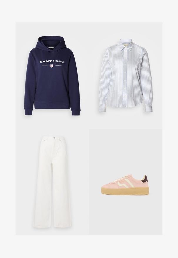 Sweat à capuche bleu marine en tissu doux, avec une poche avant, une capuche à cordon de serrage, et un texte blanc audacieux accompagné d'un logo bouclier rouge et bleu.; Chemise à rayures bleues et blanches avec col classique, manches longues et ourlet droit. Le tissu a une texture lisse.; Jeans large à taille haute blancs en denim. Comprend des poches avant, une fermeture à bouton et des détails d'ourlet effiloché.; Baskets en daim rose clair avec semelle en caoutchouc beige, lacets crème, bandes latérales crème, accent talon marron foncé et logo "GANT" sur le côté.