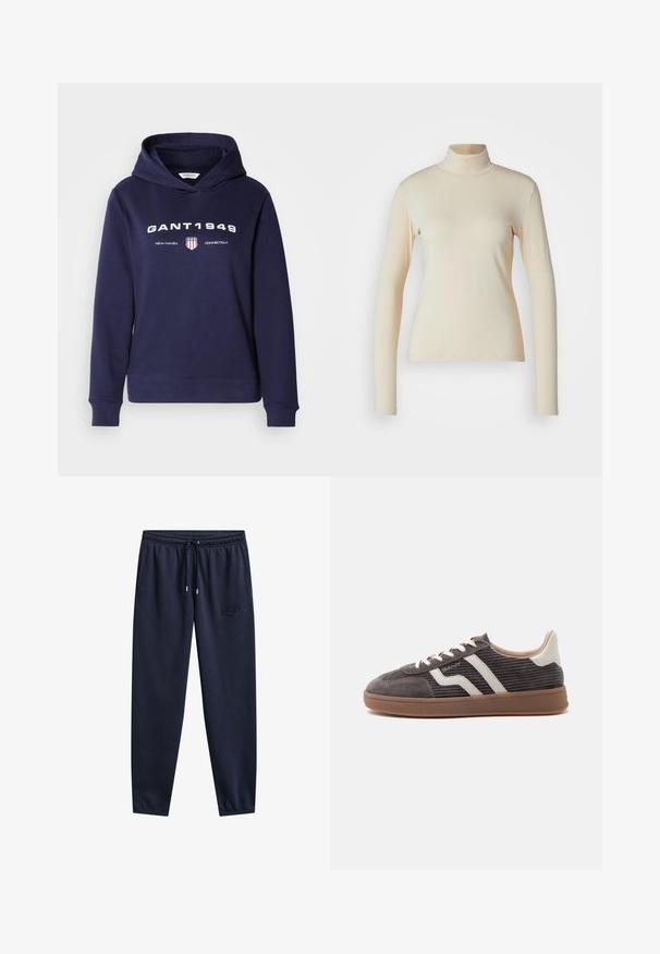 Sudadera con capucha azul marino hecha de tela suave, con bolsillo frontal, capucha con cordón y texto blanco audaz con un logo de escudo rojo y azul.; Top de manga larga de color crema con cuello alto, hecho de una tela suave y elástica; diseño ajustado con cuello alto y sin patrones o acentos visibles.; Pantalones deportivos azul marino con cintura elástica, cordón, bolsillos laterales, piernas estrechas y un sutil logo bordado en el muslo derecho.; Zapatilla deportiva individual de color gris oscuro con detalles en cuero blanco, laterales texturizados, cordones blancos y suela de goma marrón, mostrada de perfil sobre un fondo liso.