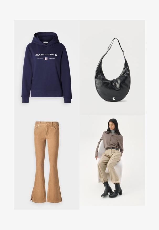 Sweat à capuche bleu marine en tissu doux, avec une poche avant, une capuche à cordon de serrage, et un texte blanc audacieux accompagné d'un logo bouclier rouge et bleu.; Jean en velours côtelé marron évasé avec une taille haute, des poches à l'avant et des fentes au niveau de l'ourlet. Tissu texturé avec un motif en côtes.; Femme aux longs cheveux noirs appuyée sur une chaise blanche courbée, portant un chemisier taupe, un pantalon beige, une ceinture noire et des bottines noires à talons.; Sac d'épaule en cuir noir en forme de croissant avec une sangle ajustable et un logo argenté « cK » à l'avant, sur fond blanc.