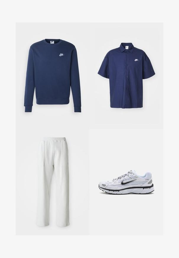Donkerblauwe Nike-sweater met lange mouwen, ribgebreide boorden en zoom, ronde halslijn en wit logo op de borst. Gemaakt van zachte stof.; Marineblauwe kortslippige overhemdd met een gekreukelde textuur en een wit Nike-logo op de linkerkant van de borst. Voorzien van een standaardkraag en zwarte knopen.; Witte casual broek met een elastische tailleband en grote voorzakken, weergegeven op een effen lichte achtergrond.; Witte hardloopschoen met een bovenkant van mesh, ronde neus, zwarte accenten en een geëtst zool. Kenmerken van veters en branding aan de zijkant.