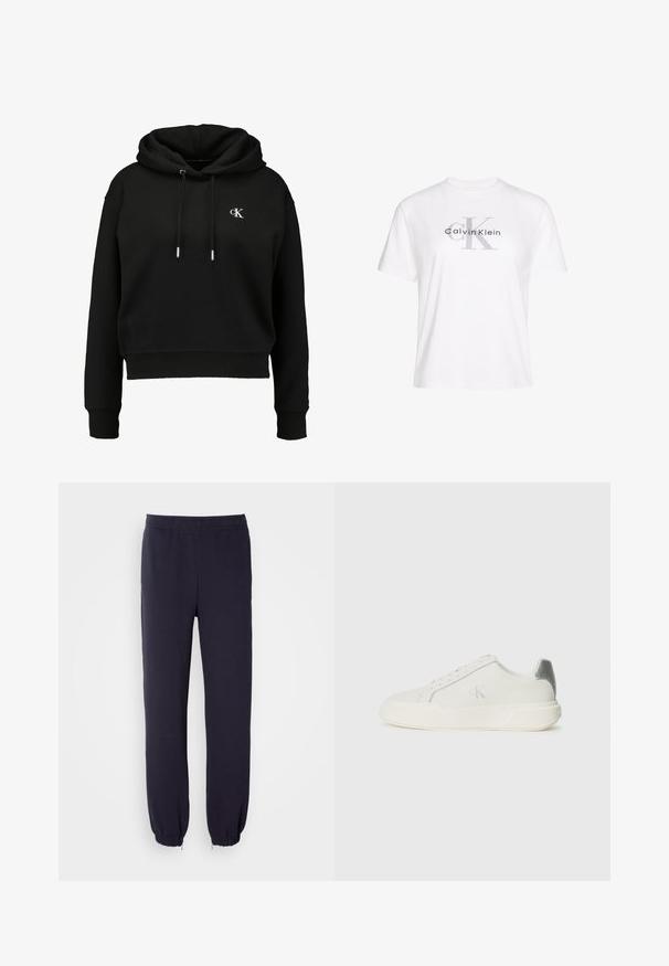 Sudadera de algodón negra con capucha y diseño recortado, con un logo plateado y cordones, puños acanalados y dobladillo. Textura suave.; Camiseta blanca de algodón con mangas cortas, con el logo gris impreso "Calvin Klein" y un diseño destacado de la letra "K" en el centro.; Pantalones de chándal azul marino con cintura elástica y bajos ajustados. Hechos de una tela suave con una textura lisa, sin patrones ni adornos visibles.; Zapatilla blanca de cuero con textura suave, que presenta un acento plateado en el talón, suela plana y un diseño minimalista.