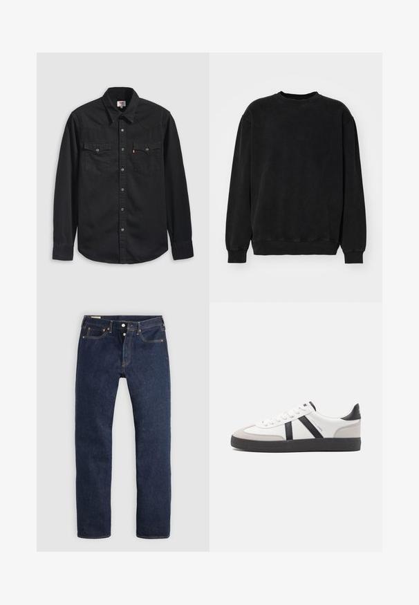 Sweatshirt noir en tissu doux, avec un col rond, des épaules basses et des poignets et un ourlet côtelés. Texture lisse sans motifs.; Chemise en denim noir avec col boutonné, deux poches poitrine et un col pointu avec des détails de couture visibles.; Jean droit bleu foncé avec braguette à boutons, poches avant et arrière, et surpiqûres contrastantes, posé à plat sur un fond clair.; Baskets blanches avec des accents noirs et gris, présentant un embout texturé gris, une semelle en caoutchouc noir et des lacets plats blancs. Design épuré, style minimaliste.
