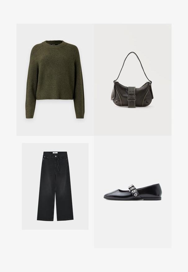 Olivengrøn strikket sweater med rund halsudskæring, ribbet kant og lange ærmer med en afslappet pasform. Fremstillet af blødt tekstureret stof.; Sorte vidde jeans med høj talje, bæltestropper, forreste knap- og lynlåslukning samt et stofbælte bundet i taljen.; Sort laklæder flad sko med firkantet tå, sidespænde detalje og en lav, rund hæl. Glat tekstur og minimalistisk design.; Sort læder skuldertaske med spænde på remmen, afrundede kanter og kontrasterende hvide syninger på en ensfarvet baggrund.
