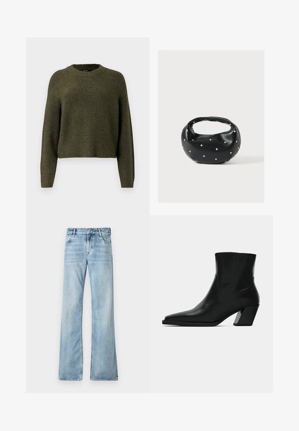 Olivengrøn strikket sweater med rund halsudskæring, ribbet kant og lange ærmer med en afslappet pasform. Fremstillet af blødt tekstureret stof.; Lyseblå flagrende jeans lavet af denim, med fem lommer, knaplukning og let blødgøring for en slidt effekt.; Sortlæder ankelstøvle med spids tå, en slank silhuet og en kraftig firkantet hæl. Glat tekstur med minimale stikninger.; Sort læderhåndtaske med en rundet form, dekoreret med sølvnitter, og et kort håndtag. Glat tekstur og lynlåslukning.