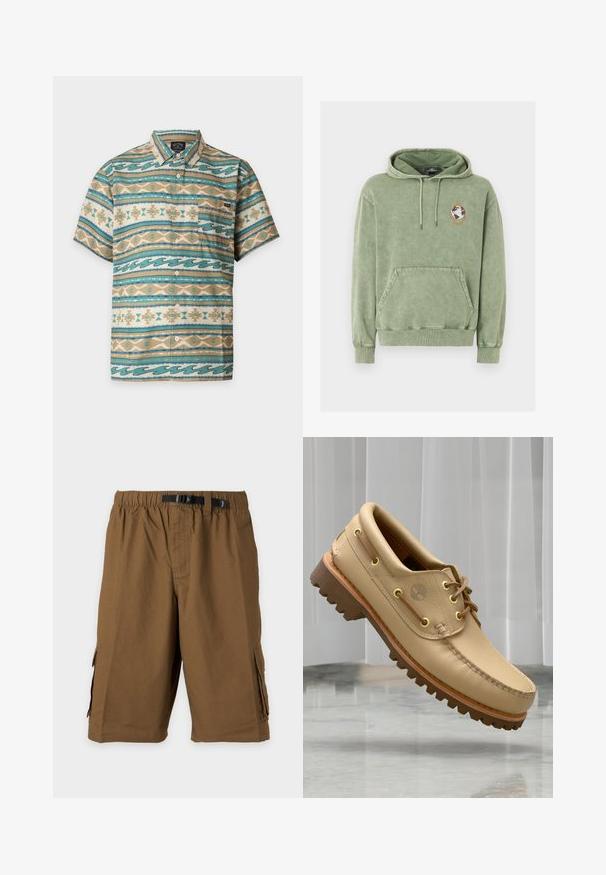 Sweat à capuche vert olive avec poche avant kangourou, capuche à cordon de serrage et un petit patch globe à l'intérieur d'un pentagone orange sur le côté gauche de la poitrine.; Chemise à manches courtes boutonnée avec des rayures horizontales turquoise, beige et blanches présentant des motifs géométriques et ondulés et une poche poitrine gauche.; Short cargo marron longueur genou avec poches latérales et ceinture noire réglable à la taille sur un fond uni.; Chaussure bateau en cuir marron clair avec semelle épaisse et striée et détails de lacets, flottant au-dessus d'un sol en marbre et d'un fond de stores verticaux blancs.