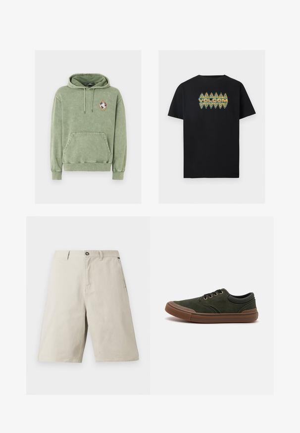 Sweat à capuche vert olive avec poche avant kangourou, capuche à cordon de serrage et un petit patch globe à l'intérieur d'un pentagone orange sur le côté gauche de la poitrine.; T-shirt noir à manches courtes avec motif géométrique triangulaire bleu et orange et texte « VOLCOM » centré sur la poitrine.; Shorts en tissu beige à coupe décontractée, dotés d'une fermeture à bouton, de passants pour ceinture et de poches latérales. Texture lisse avec des détails de couture subtils.; Baskets en daim vert foncé avec semelle en caoutchouc, bout rond, lacets noirs et œillets dorés. Présente une finition texturée et un talon renforcé.