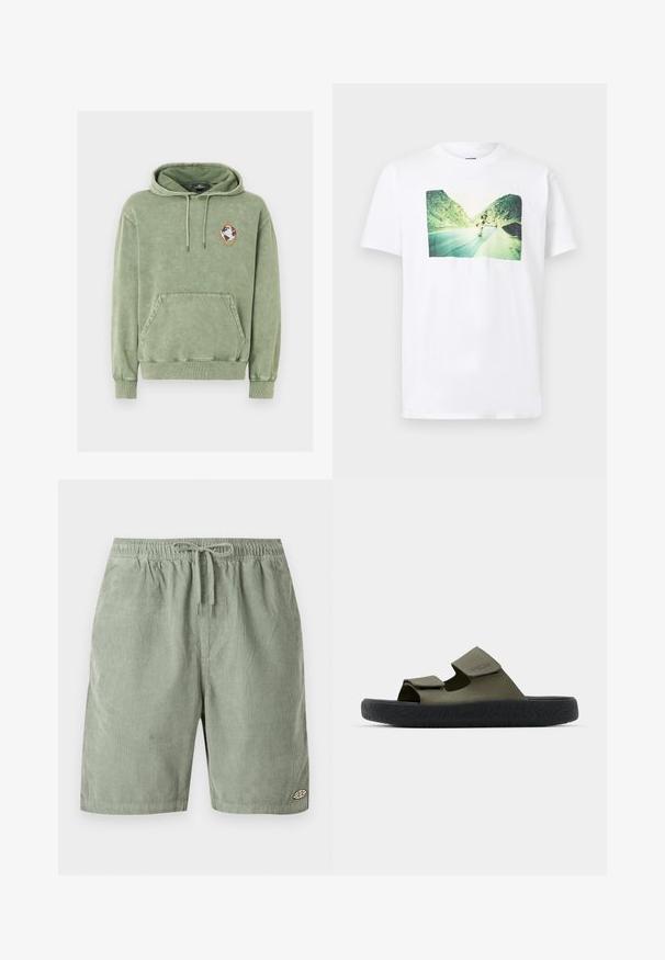 Olivgrüner Hoodie mit Fronttasche, verstellbarer Kapuze und einem kleinen Globus-Patch in einem orangen Fünfeck auf der linken Brust.; Weißes T-Shirt mit einem aufgedruckten Foto eines Skateboardfahrers, der eine Bergstraße hinunterfährt, umgeben von grünen felsigen Hügeln unter einem strahlend blauen Himmel.; Hellgrüne Cord-Shorts mit elastischem Bund, Kordelzug und kleinem ovalem Logo-Patch am unteren rechten Bein.; Grüne Gummisandalen mit zwei verstellbaren Riemen und einer strukturierten schwarzen Sohle mit einem Profilmuster. Markenlogo auf dem Riemen sichtbar.