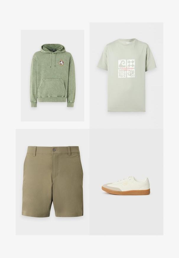 Sweat à capuche vert olive avec poche avant kangourou, capuche à cordon de serrage et un petit patch globe à l'intérieur d'un pentagone orange sur le côté gauche de la poitrine.; T-shirt vert clair à manches courtes avec quatre carrés graphiques blancs et texte rose en écriture cursive centré sur la poitrine.; Shorts chinos couleur kaki avec passants pour ceinture, fermeture à bouton sur le devant et poches latérales sur un fond clair uni.; Baskets en cuir blanc avec une coque beige et une semelle en caoutchouc marron clair. Dotées de lacets blancs plats et d'un logo embossé sur le côté.