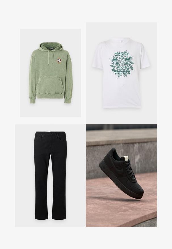 Sweat à capuche vert olive avec poche avant kangourou, capuche à cordon de serrage et un petit patch globe à l'intérieur d'un pentagone orange sur le côté gauche de la poitrine.; T-shirt blanc à manches courtes avec un motif vert représentant plusieurs yeux autour d'un globe, texte "EARTH TRIPPER" et "VOLCOM STONE" sur le devant.; Pantalon noir à jambes droites avec fermeture à bouton et zip, passants pour ceinture et poches avant, présenté sur un fond clair uni.; Baskets Nike Air Force 1 noires flottant au-dessus d’un rebord en béton rose avec un fond en pierre grise, montrant des détails latéraux et supérieurs.