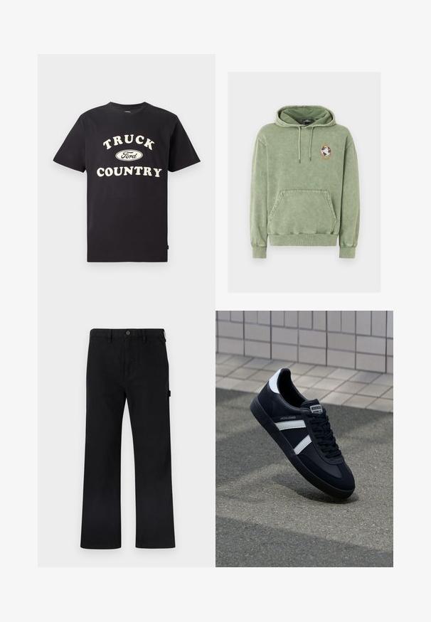 Olivengrøn hættetrøje med frontlomme, snøre i hætten og et lille globusmærke inde i en orange femkant på venstre bryst.; Sort bomulds t-shirt med korte ærmer, der har teksten "TRUCK COUNTRY" i cremefarvet og et Ford-logo designet centralt foran.; Sort bomuldsbukser med lige ben, knaplukning, bæltestropper og sidelommer. Glat tekstur uden synlige mønstre eller mærker.; Sort lædersneaker med hvide striber, tekstureret gummisål og snørrebånd foran. Har et brandet mærke på tungen.