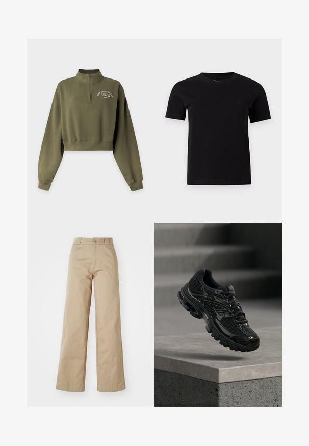 Sweat-shirt court vert olive à manches longues, poignets côtelés, fermeture éclair quart, et logo blanc "Nike Sportswear 1972" sur le côté gauche de la poitrine.; T-shirt noir uni à manches courtes et col rond avec un logo subtil sur la poitrine gauche, présenté sur un fond gris neutre.; Pantalons larges beiges en coton, avec fermeture à bouton et passants de ceinture, présentant une texture lisse et une finition soignée.; Chaussure de course noire Nike avec tige en mesh et synthétique flottant au-dessus d'une surface en béton avec des marches en arrière-plan.