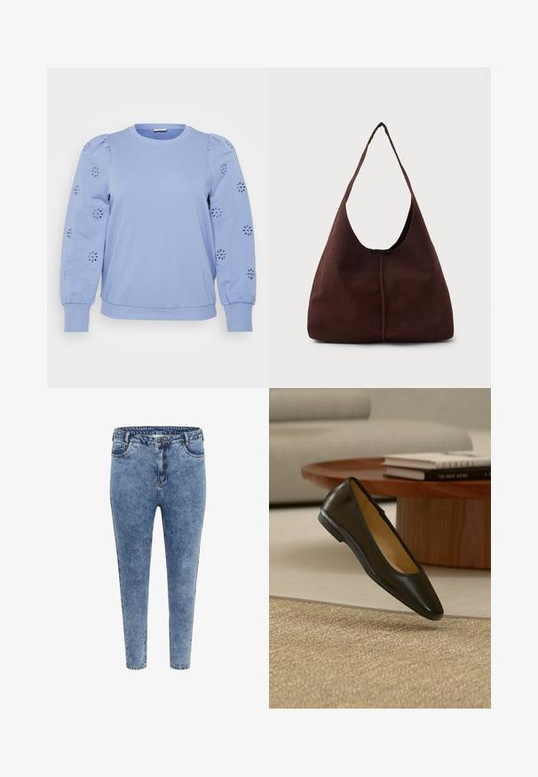 Hellblaues Pullover-Sweatshirt mit puffierten Ärmeln, das über florale Ausschnittmuster an den Ärmeln sowie einen gerippten Saum und Bündchen verfügt.; Blaue Skinny Jeans aus Denim mit hoher Taille, fünf Taschen und einem Reißverschluss. Der Stoff hat eine leicht ausgewaschene Textur mit kontrastierenden Nähten.; Schwarzer flacher Lederschuh mit abgerundeter quadratischer Spitze auf einem beige gewebten Teppich, mit einem Holzcouchtisch und gestapelten Büchern im Hintergrund.; Braune Wildleder-Hobo-Tasche mit einer großen, geschwungenen Öffnung und einem breiten Schulterriemen. Sie verfügt über eine mittige Naht auf der Vorderseite. Glatte Textur.