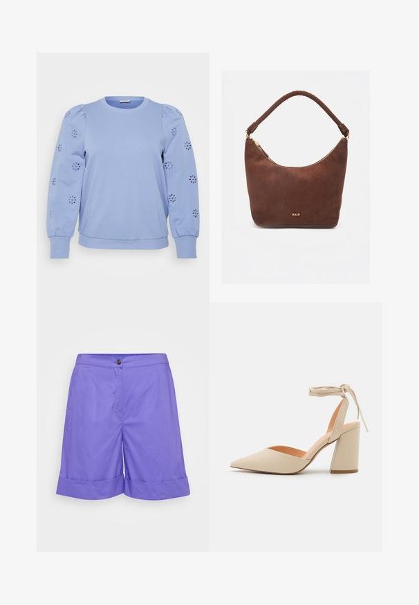 Lyseblå pullover sweatshirt med puffede ærmer, der har blomsterudskæringer på ærmerne samt ribbet kant og manchetter.; Lilla bomuldsbukser med flad front, enkelt knaplukning og foldet afslutning. Glat tekstur uden synlige mønstre.; Beige højhælede sko med spids tå, ankelrem og en bred blokhæl. Glat syntetisk materiale med en mat finish.; Brun ruskind skuldertaske med flettet håndtag, gyldent lynlås og lille gyldent "RAID"-logo på frontens midte.