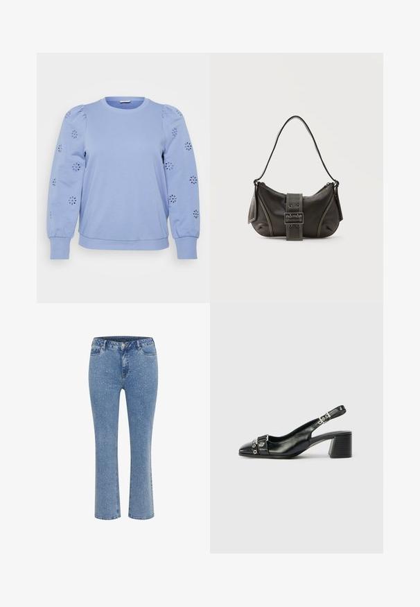Lichtblauw pullover sweatshirt met opbollende mouwen, met bloemen uitsnijdingen op de mouwen en een geribde zoom en boorden.; Lichtblauwe spijkerbroek met een rechte pijp, subtiel gespikkeld patroon, een knoopsluiting aan de voorkant en een standaard ontwerp met vijf zakken.; Zwart leren slingback hak met een spitse neus, eenTextuur strap met cirkelvormige metalen accenten en een gestapelde blokhak.; Zwarte leren schoudertas met gespsluiting aan de riem, afgeronde hoeken en contrasterende witte stiksels op een effen achtergrond.
