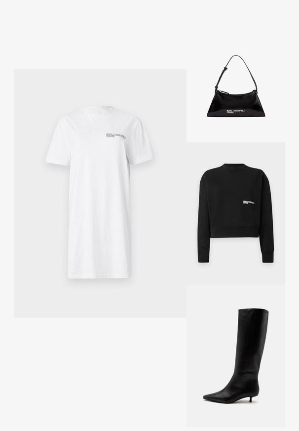 Zwarte cropped sweatshirt van zachte stof, met een ronde hals, lange mouwen en een wit logo "KARL LAGERFELD JEANS" op de borst.; Witte katoenen t-shirt jurk met een ronde hals, korte mouwen en een klein zwart merklogo op de linkerborst.; Zwarte leren kniehoge laars met puntige neus en lage kittenhak tegen een effen lichte achtergrond.; Zwarte gepatineerde leren handtas met een driehoekige vorm, voorzien van een bovenrits en een verstelbare schouderriem. Logo "KARL LAGERFELD JEANS" in zilver.