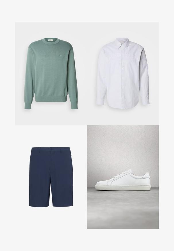 Pull vert clair en maille avec un col rond, des manches longues et des poignets côtelés. Il présente un petit logo sur la poitrine. La texture semble douce.; Chemise blanche à manches longues en lin avec des rayures verticales bleues, dotée d'un bouton sur le devant et du logo « CALVIN KLEIN » en relief sur la poitrine.; Shorts bleu marine en tissu léger, dotés d'un devant plat, de passants pour ceinture et d'une fermeture à bouton, adaptés à une tenue décontractée.; Sneaker blanche avec une tige en cuir lisse et un profil bas. Présente un bout arrondi, six œillets et une semelle en caoutchouc texturé.