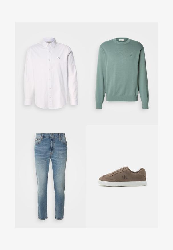 Suéter de punto verde claro con cuello redondo, mangas largas y puños acanalados. Presenta un pequeño logo en el pecho. La textura parece suave.; Camisa blanca de algodón, con cuello clásico, mangas largas y un pequeño logo de CK en el lado izquierdo del pecho. Textura suave.; Vaqueros de mezclilla azul claro con corte recto, cinco bolsillos y un ligero desgaste. Cuentan con un cierre de botón y cremallera, así como una cinturilla clásica.; Zapatilla baja de ante color topo con cordones beige, suela de goma blanca y sutil logotipo "cK" en el lateral.