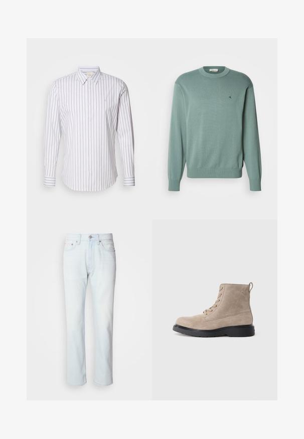 Pull vert clair en maille avec un col rond, des manches longues et des poignets côtelés. Il présente un petit logo sur la poitrine. La texture semble douce.; Calvin Klein SLIM FIT - Chemise - gray marble; Jean en denim bleu clair avec une coupe droite. Présente une fermeture à bouton et des passants de ceinture, mettant en valeur une texture décolorée et des coutures minimalistes.; Bottines en daim beige avec semelle en caoutchouc noir, design à lacets, et un petit logo embossé sur le côté, avec une languette à l'arrière.