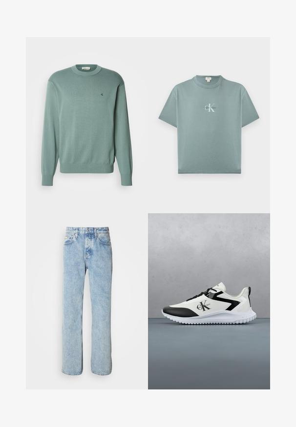 Lichtgroene gebreide trui met een ronde hals, lange mouwen en geribde manchetten. Heeft een klein logo op de borst. De textuur lijkt zacht.; Licht turquoise T-shirt met korte mouwen en ronde hals, met een centraal geplaatst Calvin Klein-logo in witte en zwarte letters op de voorkant.; Lichtblauwe spijkerbroek met een rechte snit, een vijf-pocket ontwerp en zichtbare stiksels. Klassieke tailleband met knoopsluiting.; Calvin Klein Jeans EVA RUNNER LACE - Sneakers laag - bright white/black