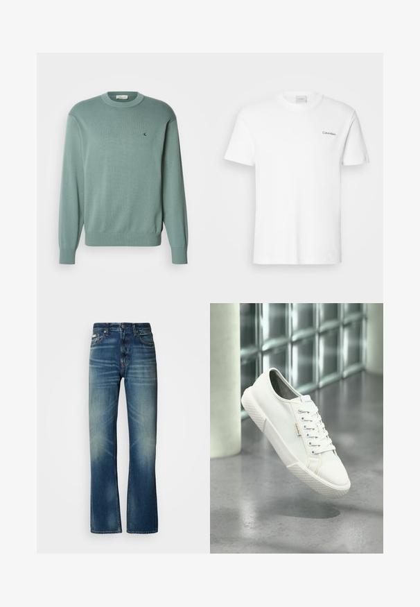 Lichtgroene gebreide trui met een ronde hals, lange mouwen en geribde manchetten. Heeft een klein logo op de borst. De textuur lijkt zacht.; Witte katoen T-shirt met korte mouwen en een ronde hals. Bevat een klein zwart "Calvin Klein" logo op de linkerborst.; Blauwe denim jeans met een rechte pasvorm, medium wassing, vervaagde details, vijf zakken en een knoopsluiting. Duidelijke stiknaad langs de naden.; Witte Calvin Klein lage sneaker met veters, zwevend boven een grijze gepolijste vloer en een achtergrond van glazen blokken.