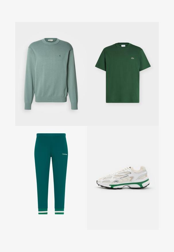 Pull vert clair en maille avec un col rond, des manches longues et des poignets côtelés. Il présente un petit logo sur la poitrine. La texture semble douce.; T-shirt en coton vert foncé à manches courtes, col rond, avec petit logo crocodile Lacoste sur le côté gauche de la poitrine.; Joggers en coton bleu sarcelle avec jambes effilées, ceinture élastique et poignets côtelés arborant des rayures blanches et vertes. Logo Calvin Klein sur la hanche.; Sneaker blanc avec accents verts et semelle en caoutchouc noir. Comprend des panneaux en mesh et en synthétique, avec une finition texturée et des coutures visibles.