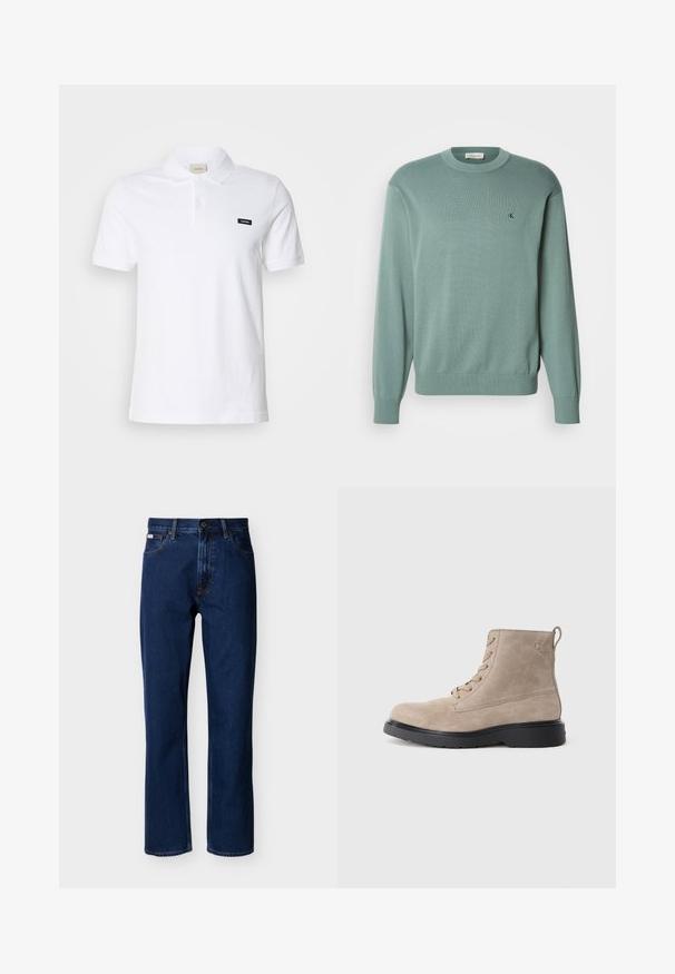 Pull vert clair en maille avec un col rond, des manches longues et des poignets côtelés. Il présente un petit logo sur la poitrine. La texture semble douce.; Polo shirt en coton blanc avec un col classique, des manches courtes et un petit logo Calvin Klein noir sur la poitrine gauche.; Jean droit bleu foncé en denim, avec un design classique à cinq poches, des coutures discrètes et une fermeture avant à boutons.; Bottines en daim beige avec semelle en caoutchouc noir, design à lacets, et un petit logo embossé sur le côté, avec une languette à l'arrière.
