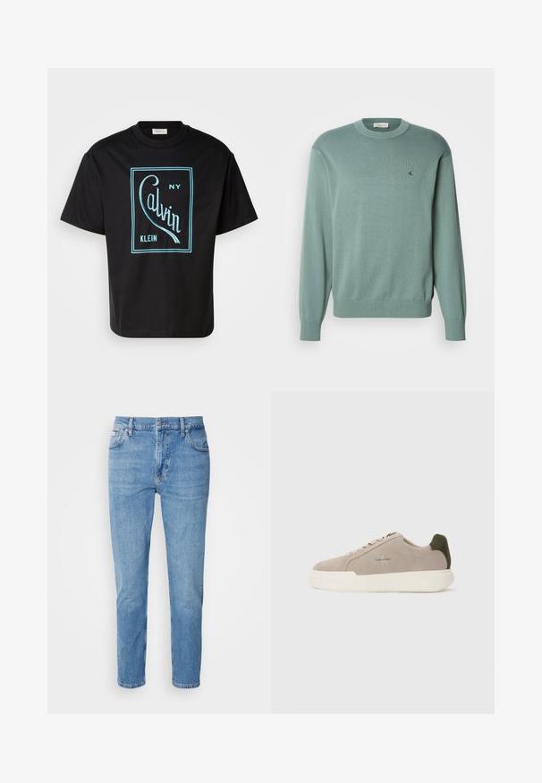 Suéter de punto verde claro con cuello redondo, mangas largas y puños acanalados. Presenta un pequeño logo en el pecho. La textura parece suave.; Camiseta de algodón negra con un atrevido diseño gráfico turquesa que dice "Calvin Klein NY" dentro de un contorno rectangular. Mangas cortas.; Vaqueros de mezclilla azul claro con corte recto, diseño de cinco bolsillos y un sutil desgastado. Presentan un cierre de botón y pasadores para cinturón.; Zapatillas de piel de ante beige con suela de goma blanca, que presentan un acento en el talón de color verde oscuro y un sutil logo en el lateral.