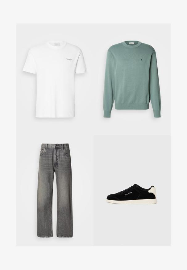 Suéter de punto verde claro con cuello redondo, mangas largas y puños acanalados. Presenta un pequeño logo en el pecho. La textura parece suave.; Camiseta de algodón blanca con mangas cortas y un escote en forma de cuello redondo. Presenta un pequeño logotipo negro de "Calvin Klein" en el lado izquierdo del pecho.; Jeans de pierna ancha en denim gris oscuro con acabado descolorido. Cuenta con el diseño clásico de cinco bolsillos y trabillas para cinturón.; Zapatilla de ante negra con suela de goma blanca. Presenta puntera redonda, diseño con cordones y detalle del logo en el lateral.