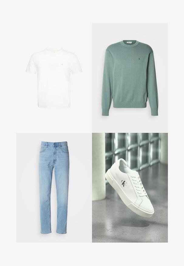 Pull vert clair en maille avec un col rond, des manches longues et des poignets côtelés. Il présente un petit logo sur la poitrine. La texture semble douce.; T-shirt blanc à manches courtes et col rond avec un petit logo "ck" brodé sur la poitrine gauche.; Jean en denim bleu clair avec une coupe droite, cinq poches et passants de ceinture. Le tissu présente une texture lisse avec un léger effet dégradé.; Baskets blanches Calvin Klein avec lacets, présentées en suspension au-dessus d'un sol en béton poli et d'un mur en blocs de verre en arrière-plan.